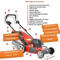 * Bbloisiram Hecht 1802 S Tondeuse A Gazon EÉlectrique 5En1 1800W Largeur Coupe 46Cm Bac 50L 7Hauteur De Coupe 25-75Mm> Tondeuse Électrique Filaire