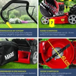 * Masko Tondeuse A Essence 5 En 1 Roue Motrice Fonction De Nettoyage Easyclean Fonction Mulching Ejection Laterale Largeur De Coupe Elevee Reglage De La Hauteur De Coupe Sur 8 Positions | Moteur 4 Temps | Bac De Ramassage, Rouge Noir, Schnittbreite 42Cm (D><noscript><img width=